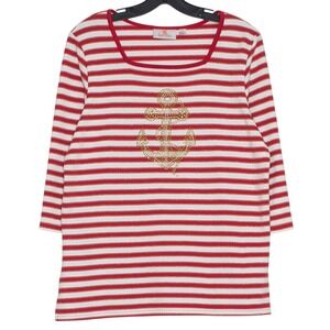 Quacker Factory 3/4 Sleeve Top Embellished Anchor Striped Nautical Coastal Red M